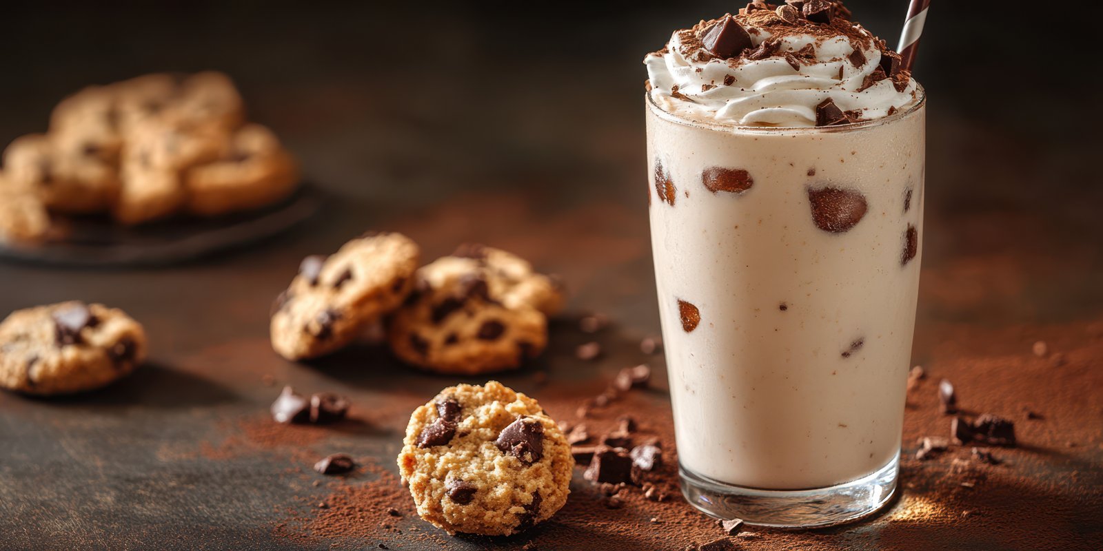 Delicious chocolate chip milkshake with cookies on a rustic table setting during evening hours